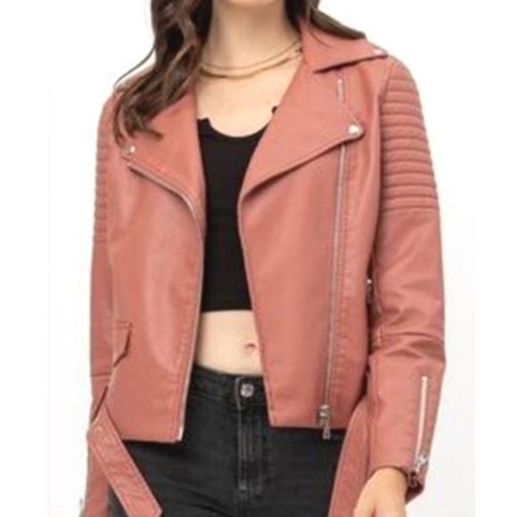 Pink Faux-leather asymmetrical Biker Jacket - Picture 3 of 4